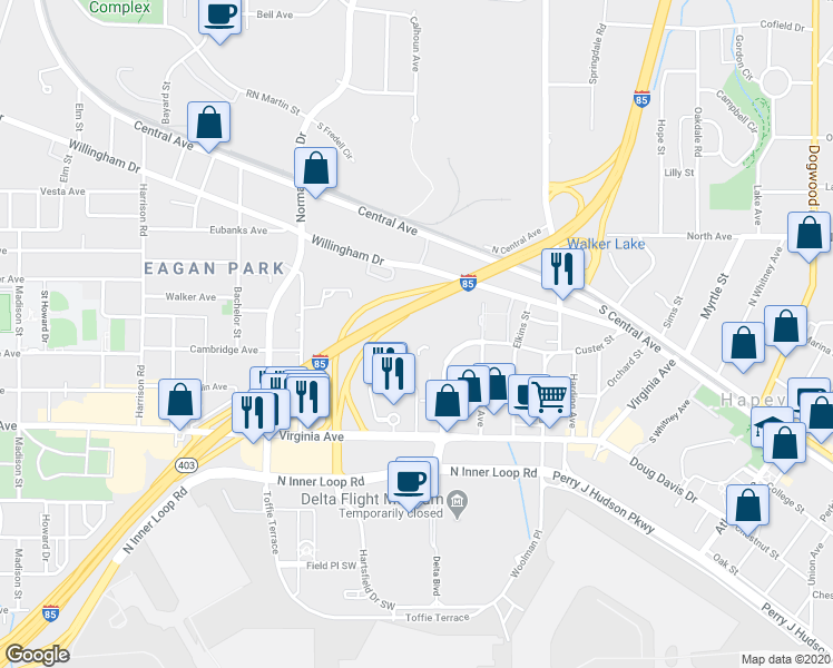 map of restaurants, bars, coffee shops, grocery stores, and more near 3399 International Boulevard in Hapeville
