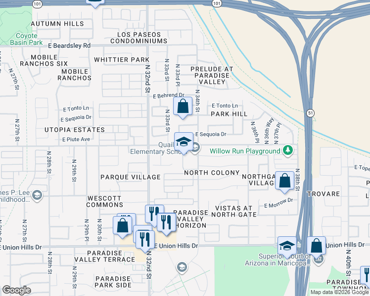 map of restaurants, bars, coffee shops, grocery stores, and more near 3303 East Utopia Road in Phoenix