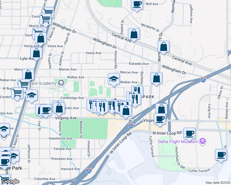 map of restaurants, bars, coffee shops, grocery stores, and more near 3412 Harrison Rd in East Point