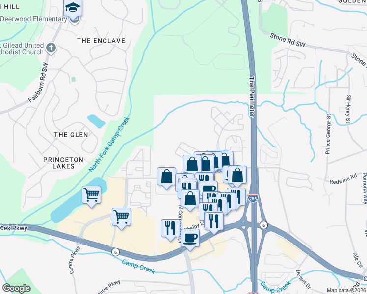 map of restaurants, bars, coffee shops, grocery stores, and more near 3755 Redwine Road in Atlanta