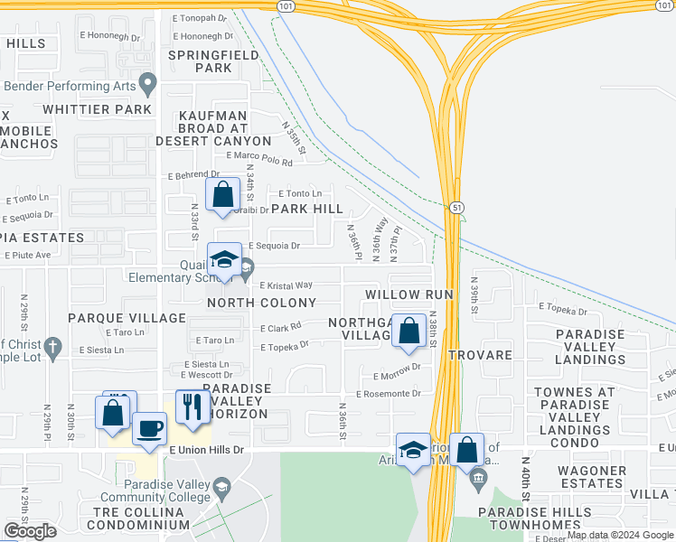 map of restaurants, bars, coffee shops, grocery stores, and more near 3543 East Kristal Way in Phoenix