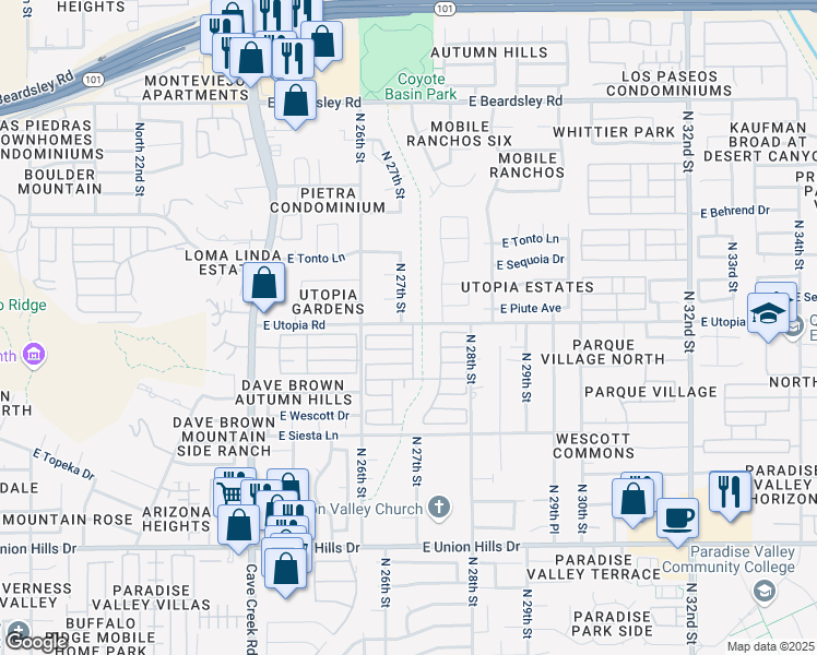 map of restaurants, bars, coffee shops, grocery stores, and more near 2701 East Utopia Road in Phoenix