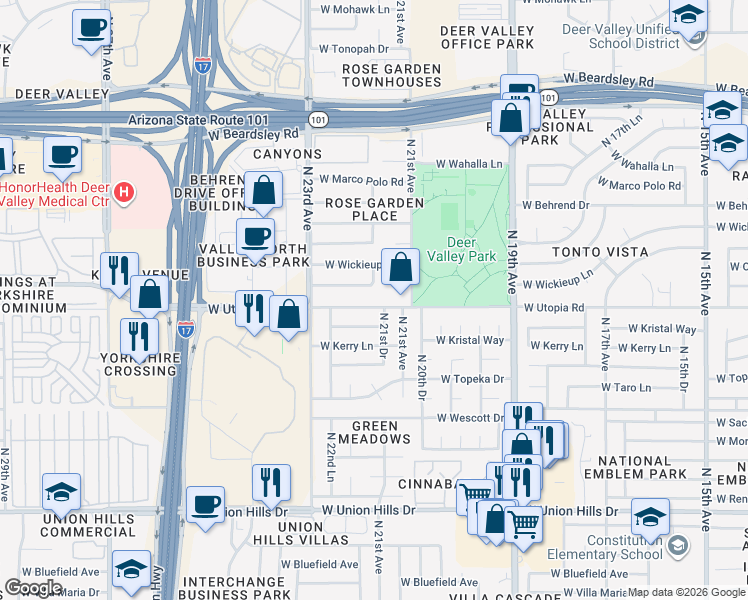 map of restaurants, bars, coffee shops, grocery stores, and more near 2130 West Kristal Way in Phoenix