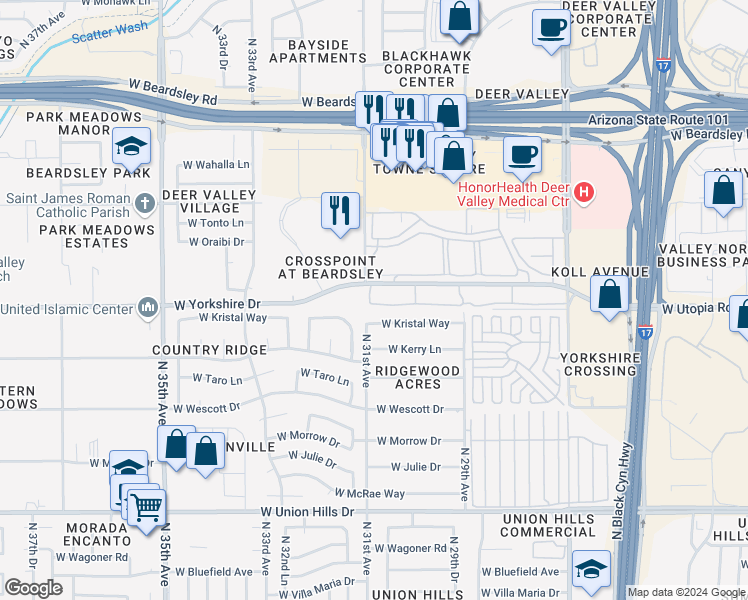 map of restaurants, bars, coffee shops, grocery stores, and more near 3026 West Kristal Way in Phoenix