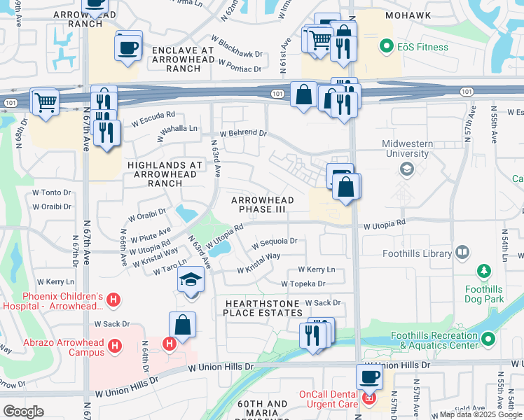 map of restaurants, bars, coffee shops, grocery stores, and more near 19415 North 61st Lane in Glendale