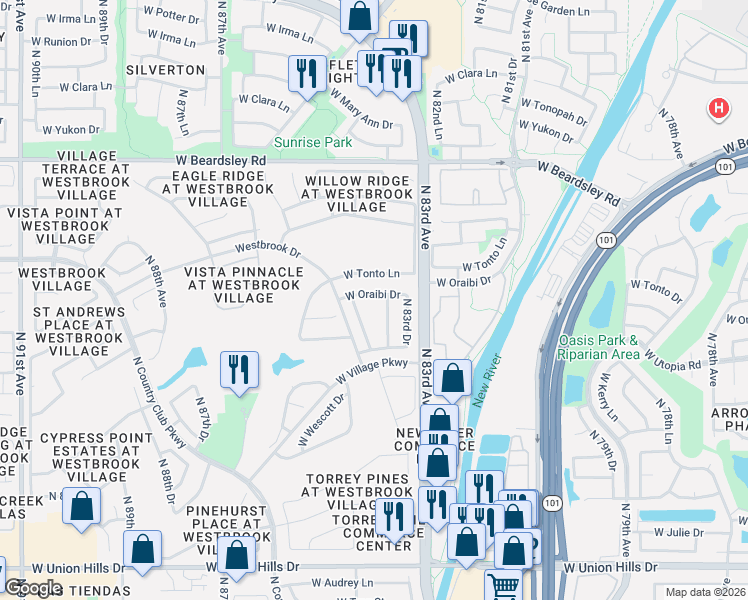 map of restaurants, bars, coffee shops, grocery stores, and more near 19518 North 84th Avenue in Peoria