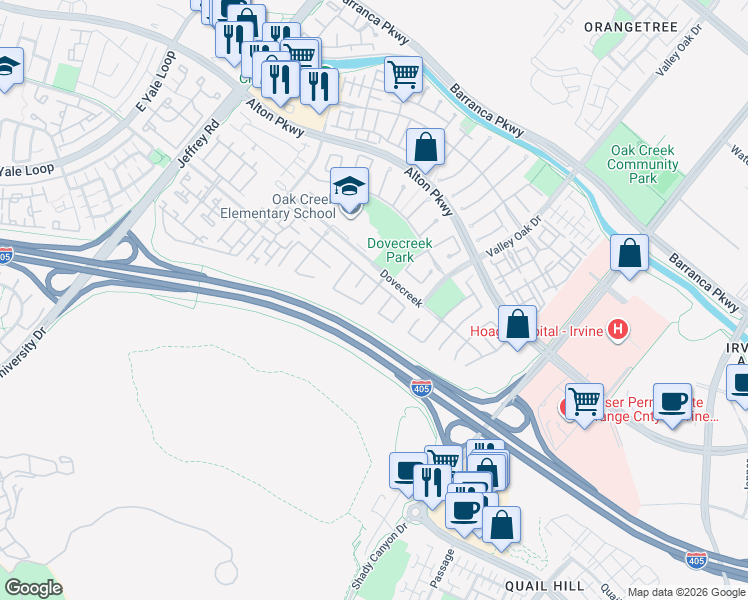 map of restaurants, bars, coffee shops, grocery stores, and more near 81 Quail Canyon in Irvine