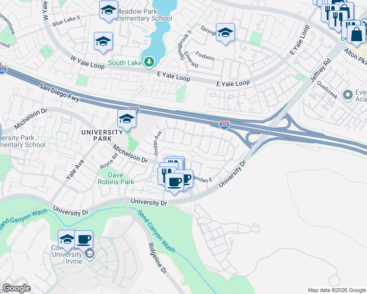 map of restaurants, bars, coffee shops, grocery stores, and more near 5251 Thorn Tree Lane in Irvine