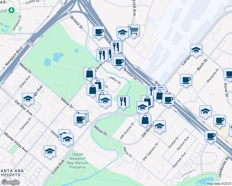 map of restaurants, bars, coffee shops, grocery stores, and more near 20192 Kline Drive in Newport Beach