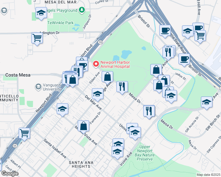 map of restaurants, bars, coffee shops, grocery stores, and more near 2655 Club Mesa Place in Costa Mesa