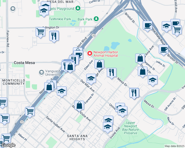 map of restaurants, bars, coffee shops, grocery stores, and more near 201 Fairway Place in Costa Mesa