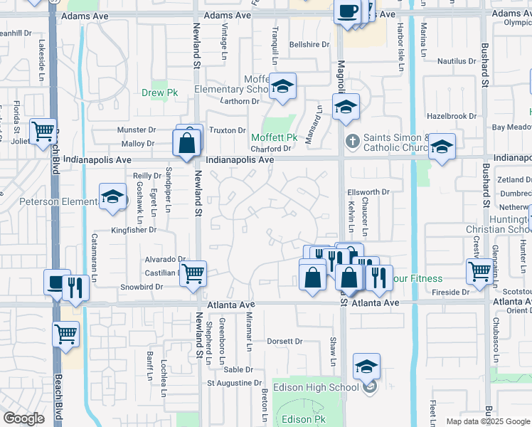 map of restaurants, bars, coffee shops, grocery stores, and more near 8877 Tulare Drive in Huntington Beach