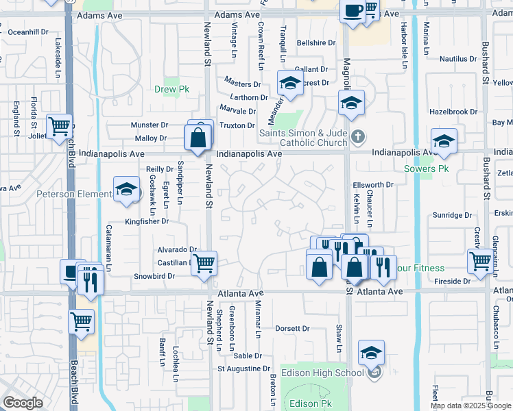 map of restaurants, bars, coffee shops, grocery stores, and more near 8766 Tulare Drive in Huntington Beach