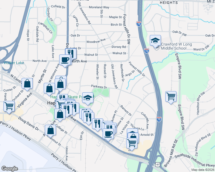 map of restaurants, bars, coffee shops, grocery stores, and more near 3300 Meadow Road in Hapeville