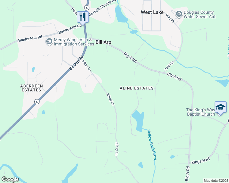 map of restaurants, bars, coffee shops, grocery stores, and more near 5284 Kilroy Lane in Douglasville