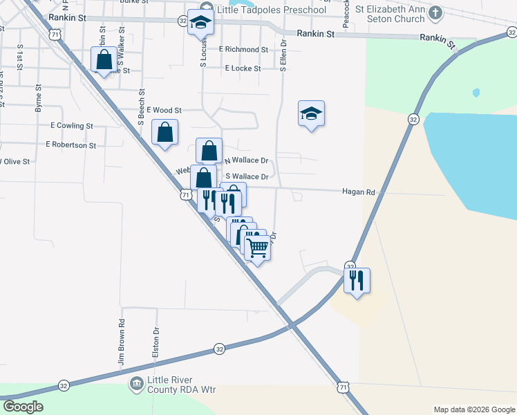 map of restaurants, bars, coffee shops, grocery stores, and more near 1132 South Constitution Avenue in Ashdown