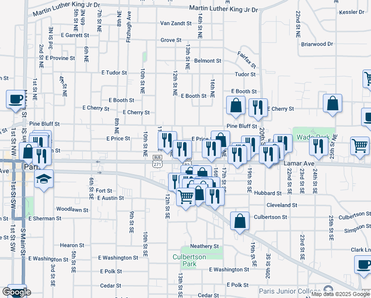 map of restaurants, bars, coffee shops, grocery stores, and more near 1249 Lamar Avenue in Paris