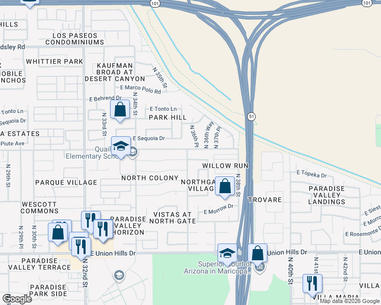 map of restaurants, bars, coffee shops, grocery stores, and more near 3603 East Utopia Road in Phoenix