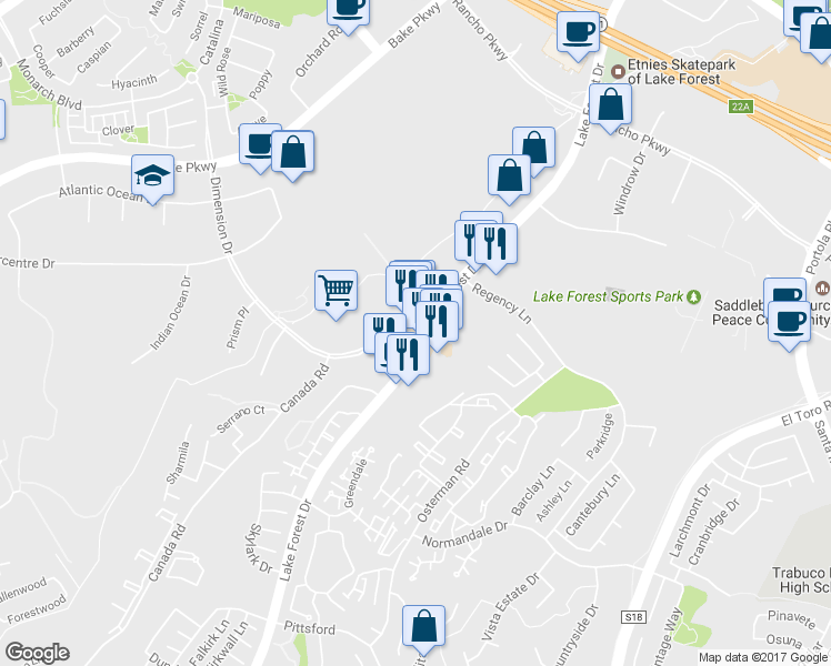 map of restaurants, bars, coffee shops, grocery stores, and more near 20671 Lake Forest Drive in Lake Forest