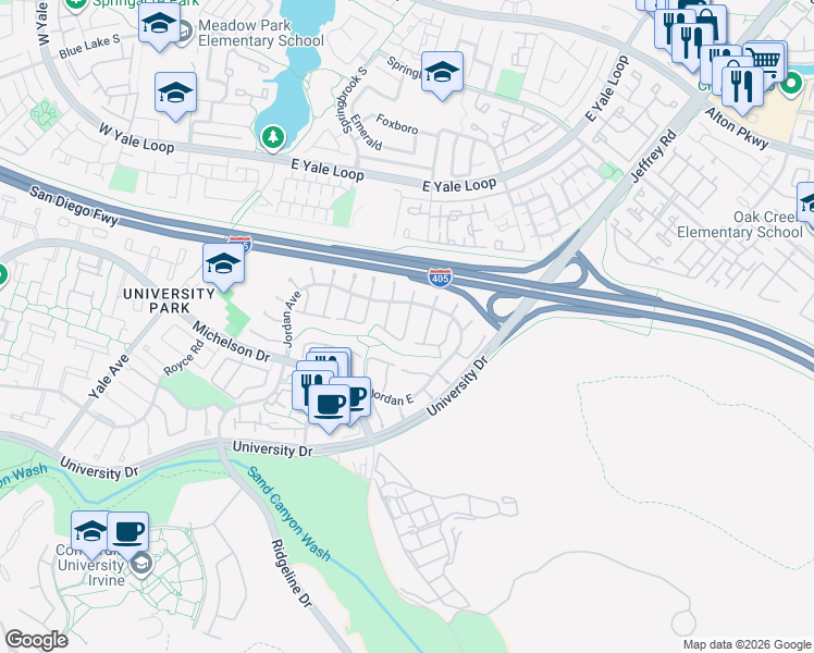 map of restaurants, bars, coffee shops, grocery stores, and more near Dogwood South in Irvine