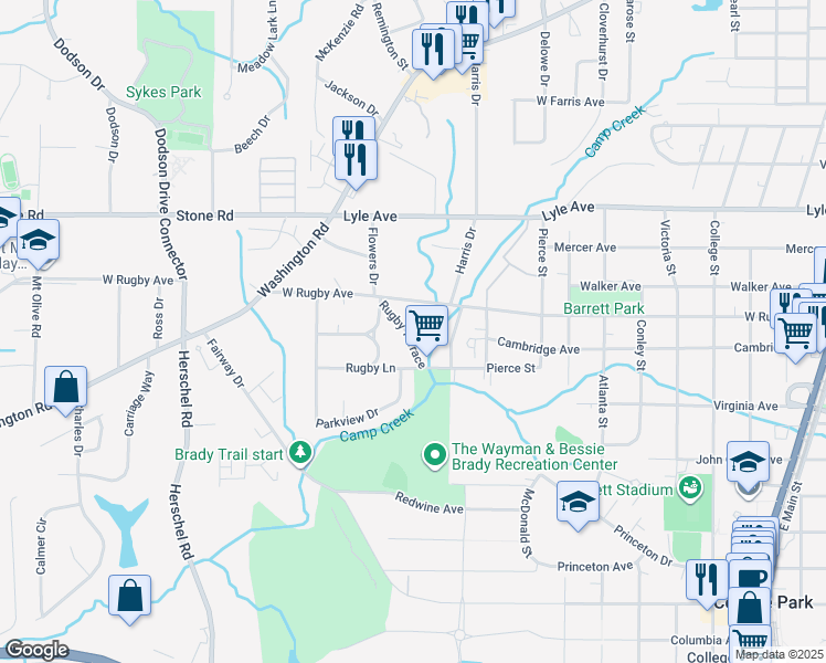 map of restaurants, bars, coffee shops, grocery stores, and more near 2275 Rugby Lane in College Park