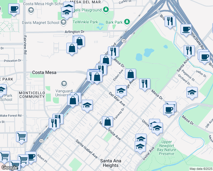 map of restaurants, bars, coffee shops, grocery stores, and more near 2603 Elden Avenue in Costa Mesa