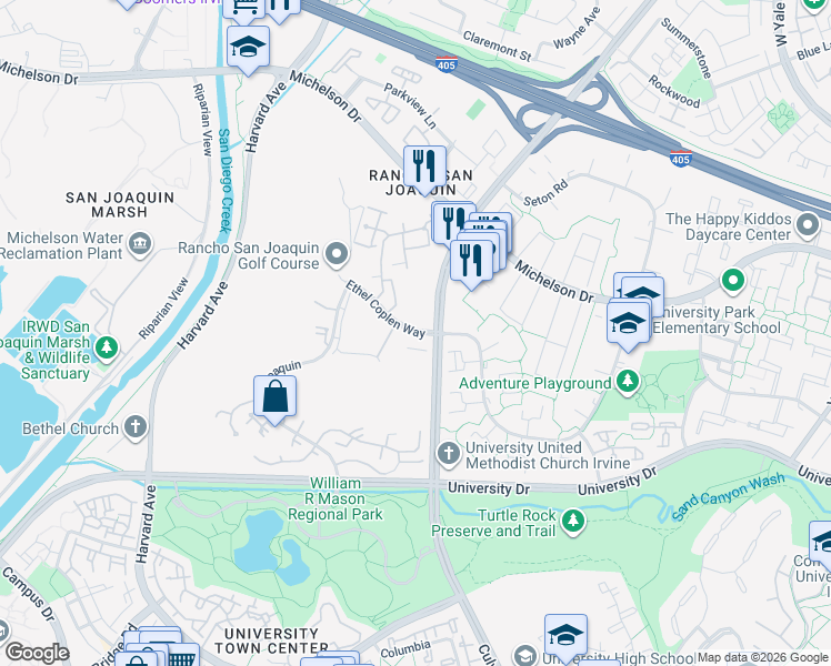 map of restaurants, bars, coffee shops, grocery stores, and more near Ethel Coplen Way & Promenade in Irvine