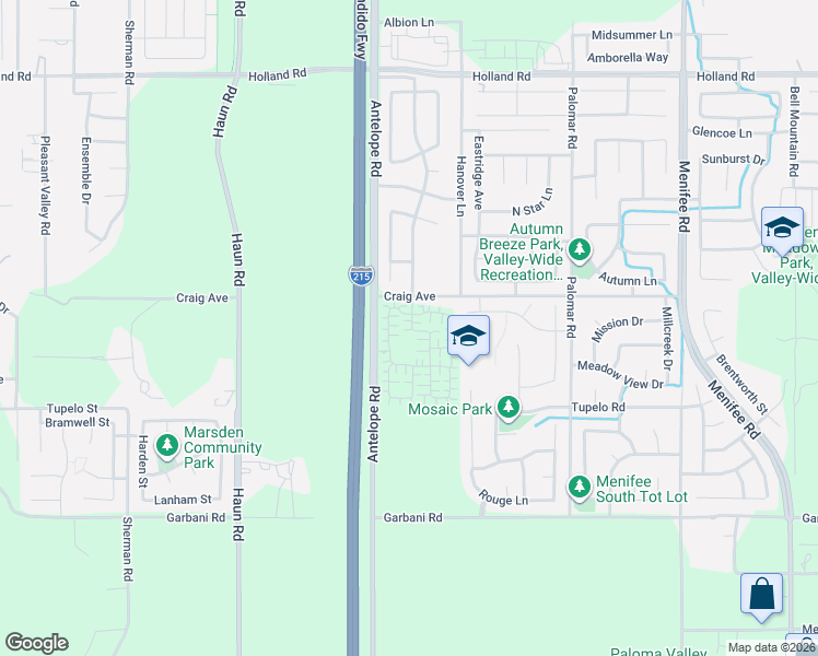 map of restaurants, bars, coffee shops, grocery stores, and more near 31656 Antelope Road in Menifee