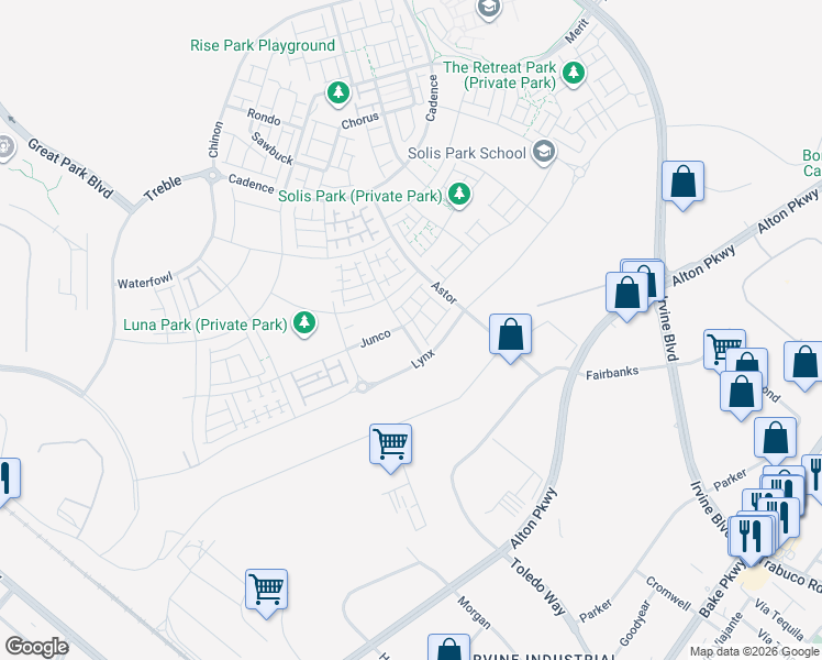 map of restaurants, bars, coffee shops, grocery stores, and more near 435 Flycatcher in Irvine