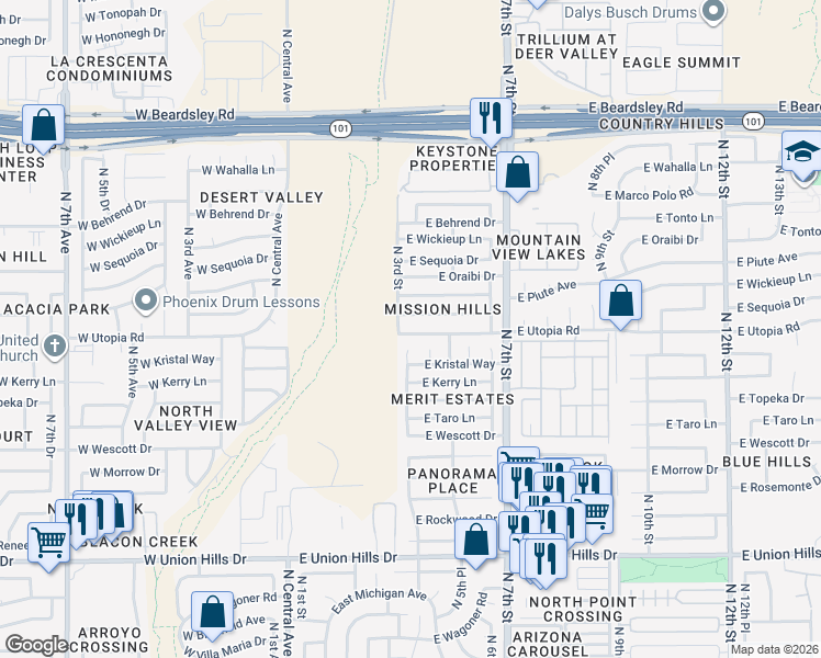 map of restaurants, bars, coffee shops, grocery stores, and more near 19238 North 4th Street in Phoenix