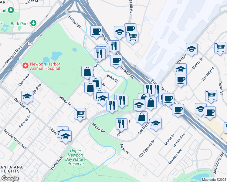 map of restaurants, bars, coffee shops, grocery stores, and more near 20192 Kline Drive in Newport Beach