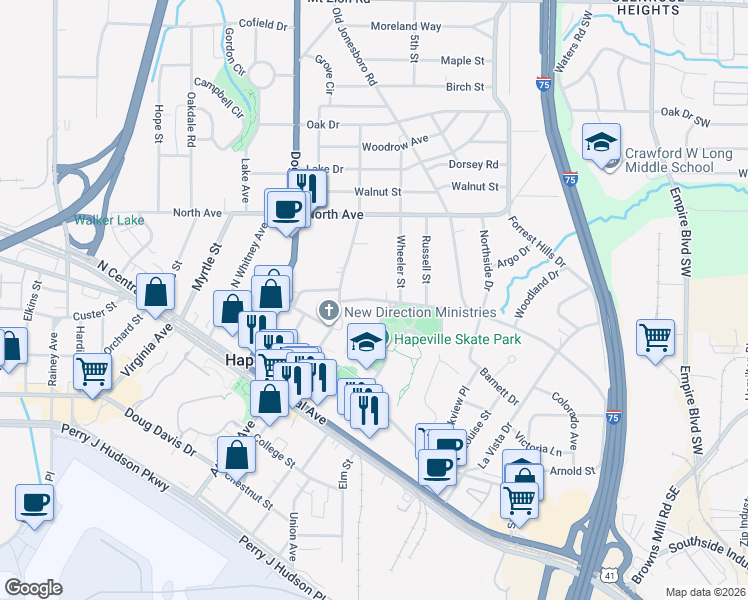 map of restaurants, bars, coffee shops, grocery stores, and more near 554 Parkway Drive in Hapeville