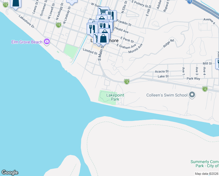map of restaurants, bars, coffee shops, grocery stores, and more near 150 East Lakeshore Drive in Lake Elsinore