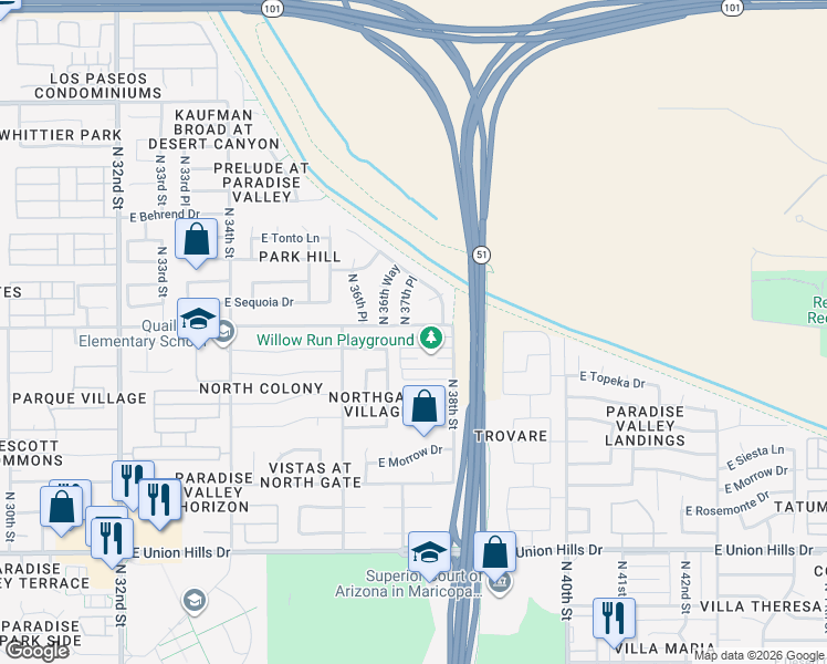 map of restaurants, bars, coffee shops, grocery stores, and more near 3727 East Kristal Way in Phoenix