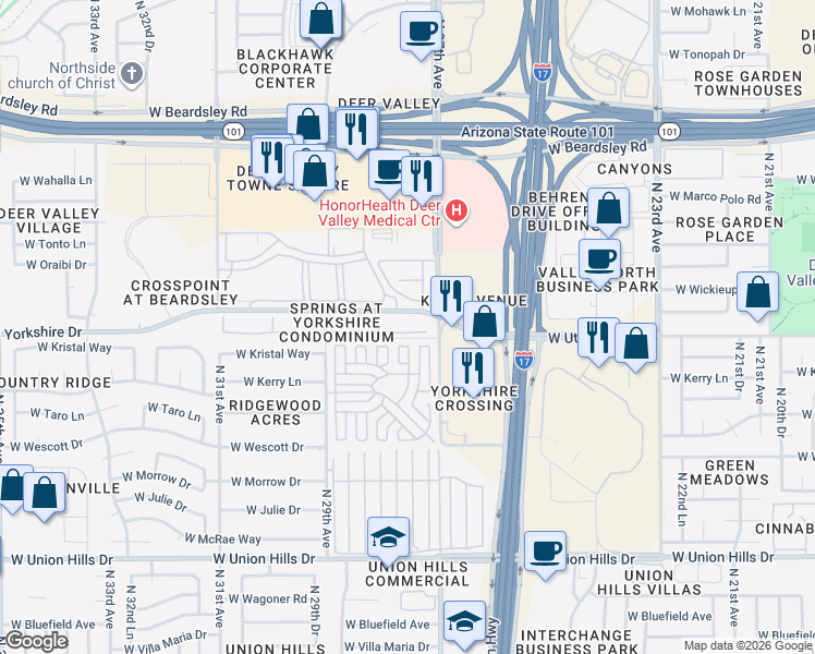 map of restaurants, bars, coffee shops, grocery stores, and more near 2929 West Yorkshire Drive in Phoenix