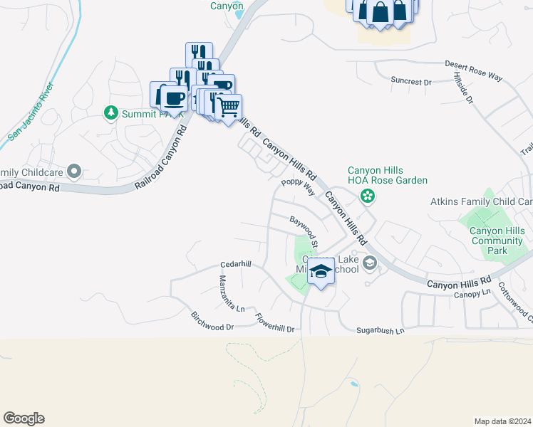 map of restaurants, bars, coffee shops, grocery stores, and more near 32002 Poppy Way in Lake Elsinore