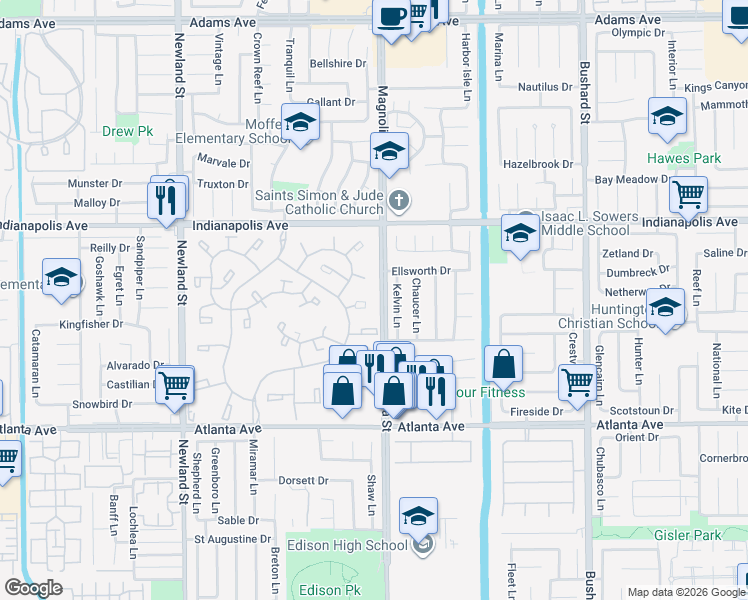 map of restaurants, bars, coffee shops, grocery stores, and more near 8932 Amador Circle in Huntington Beach
