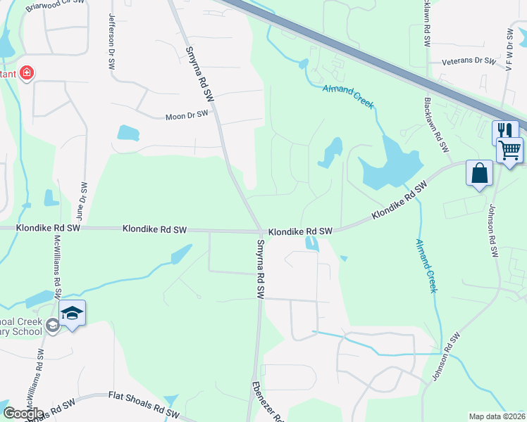 map of restaurants, bars, coffee shops, grocery stores, and more near 1761 Klondike Road Southwest in Conyers