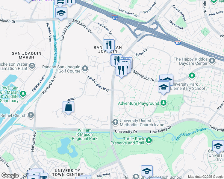 map of restaurants, bars, coffee shops, grocery stores, and more near Culver Drive & Ethel Coplen Way in Irvine