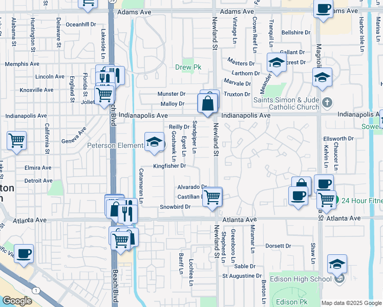 map of restaurants, bars, coffee shops, grocery stores, and more near 20621 Egret Lane in Huntington Beach