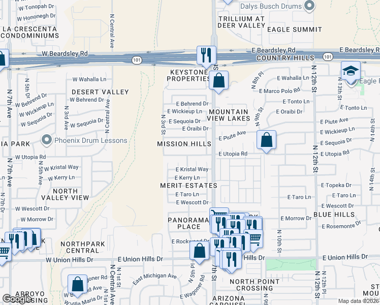 map of restaurants, bars, coffee shops, grocery stores, and more near 421 East Piute Avenue in Phoenix