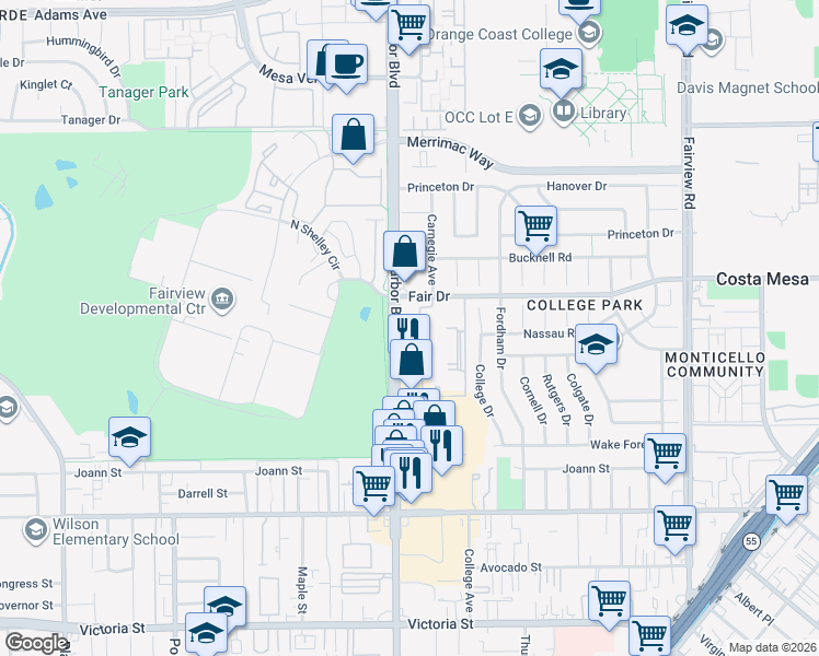 map of restaurants, bars, coffee shops, grocery stores, and more near 461 Fair Drive in Costa Mesa