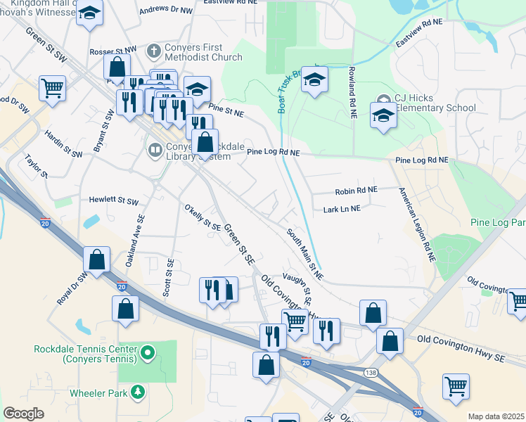 map of restaurants, bars, coffee shops, grocery stores, and more near 1076 South Main Street Northeast in Conyers