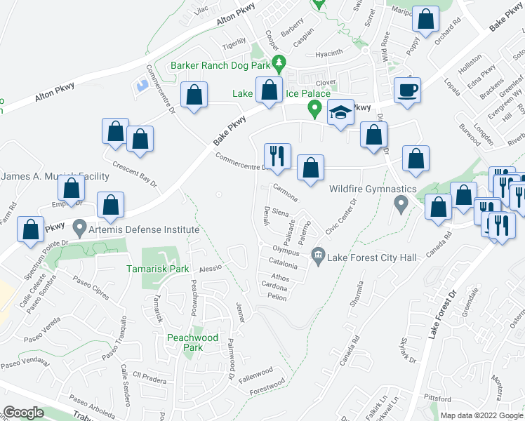 map of restaurants, bars, coffee shops, grocery stores, and more near 122 Denali in Lake Forest