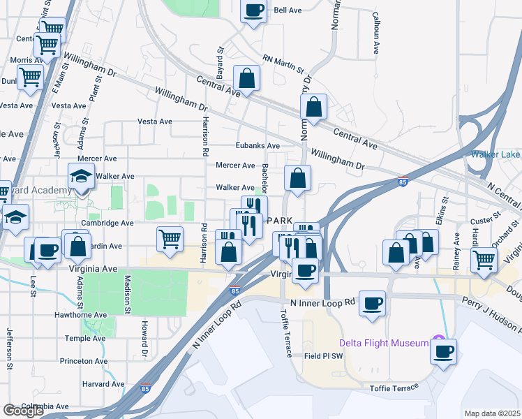 map of restaurants, bars, coffee shops, grocery stores, and more near 3411 Bachelor Street in East Point
