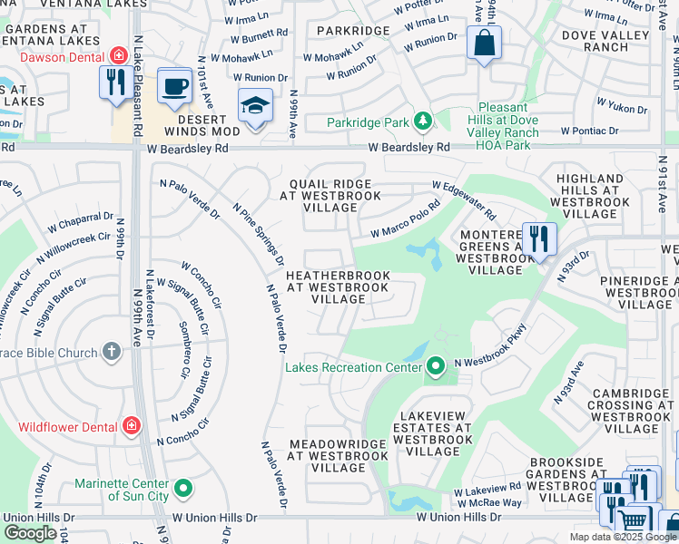 map of restaurants, bars, coffee shops, grocery stores, and more near 9809 West Behrend Drive in Peoria