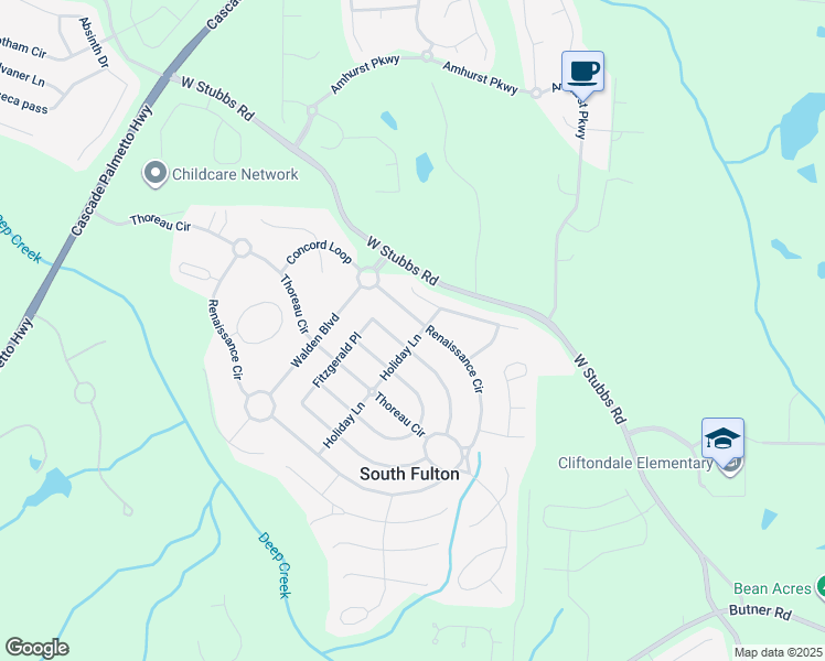 map of restaurants, bars, coffee shops, grocery stores, and more near 3735 Holiday Lane in Atlanta