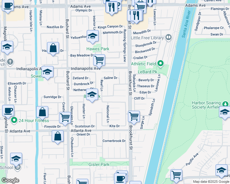 map of restaurants, bars, coffee shops, grocery stores, and more near 9872 Voyager Circle in Huntington Beach