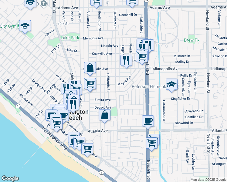 map of restaurants, bars, coffee shops, grocery stores, and more near 601 Delaware Street in Huntington Beach