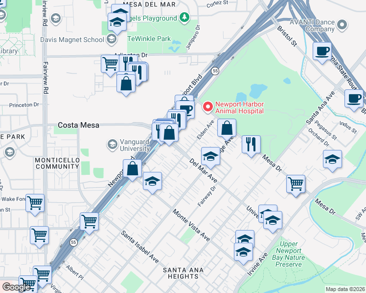 map of restaurants, bars, coffee shops, grocery stores, and more near 2625 Elden Avenue in Costa Mesa